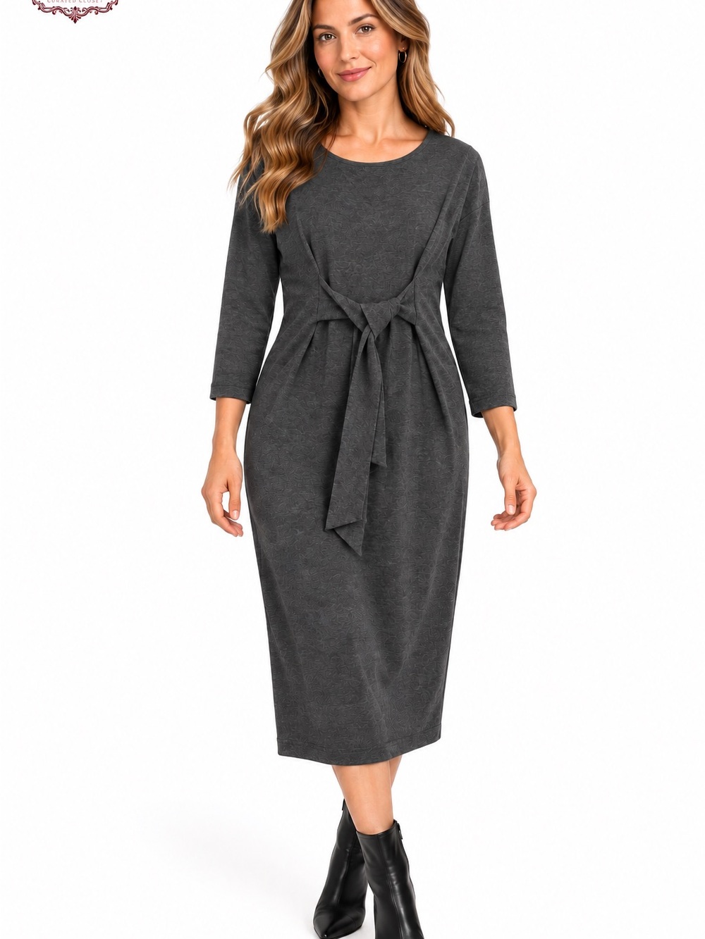 M18 Max Studio Charcoal Gray Tie Waist Midi Dress Size Small